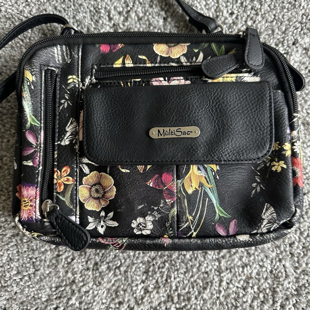 Beautiful Black Floral Print Multi Sac Crossbody Purse‎ Bag So Many Pockets!